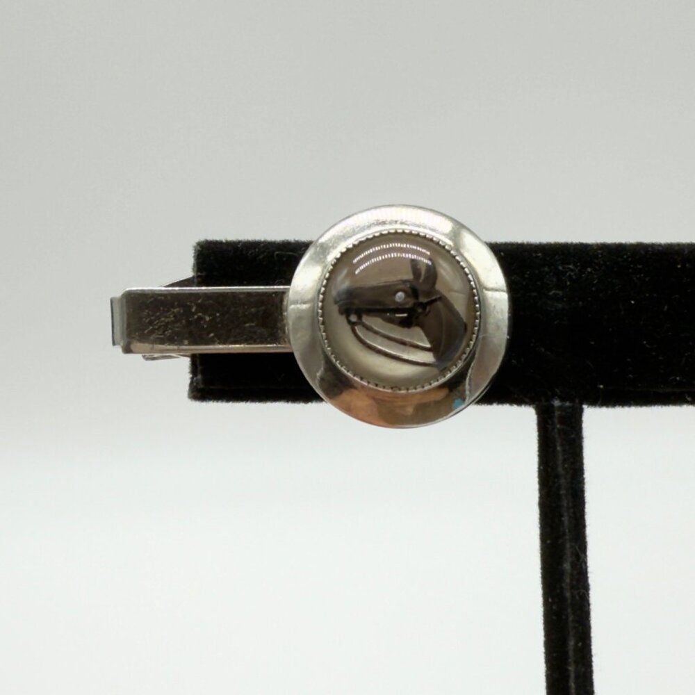 Vtg Silver Tone Horse Head Intaglio Tie Bar Clasp Clip Reverse Painted Glass
